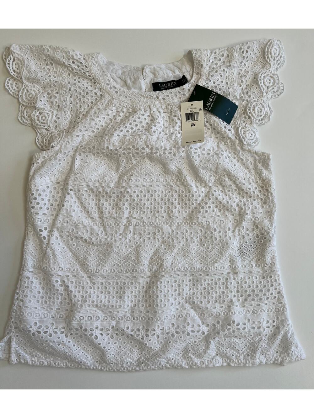 Lauren Ralph Lauren Women's Eyelet Flutter Sleeve White Top Size PS NWT